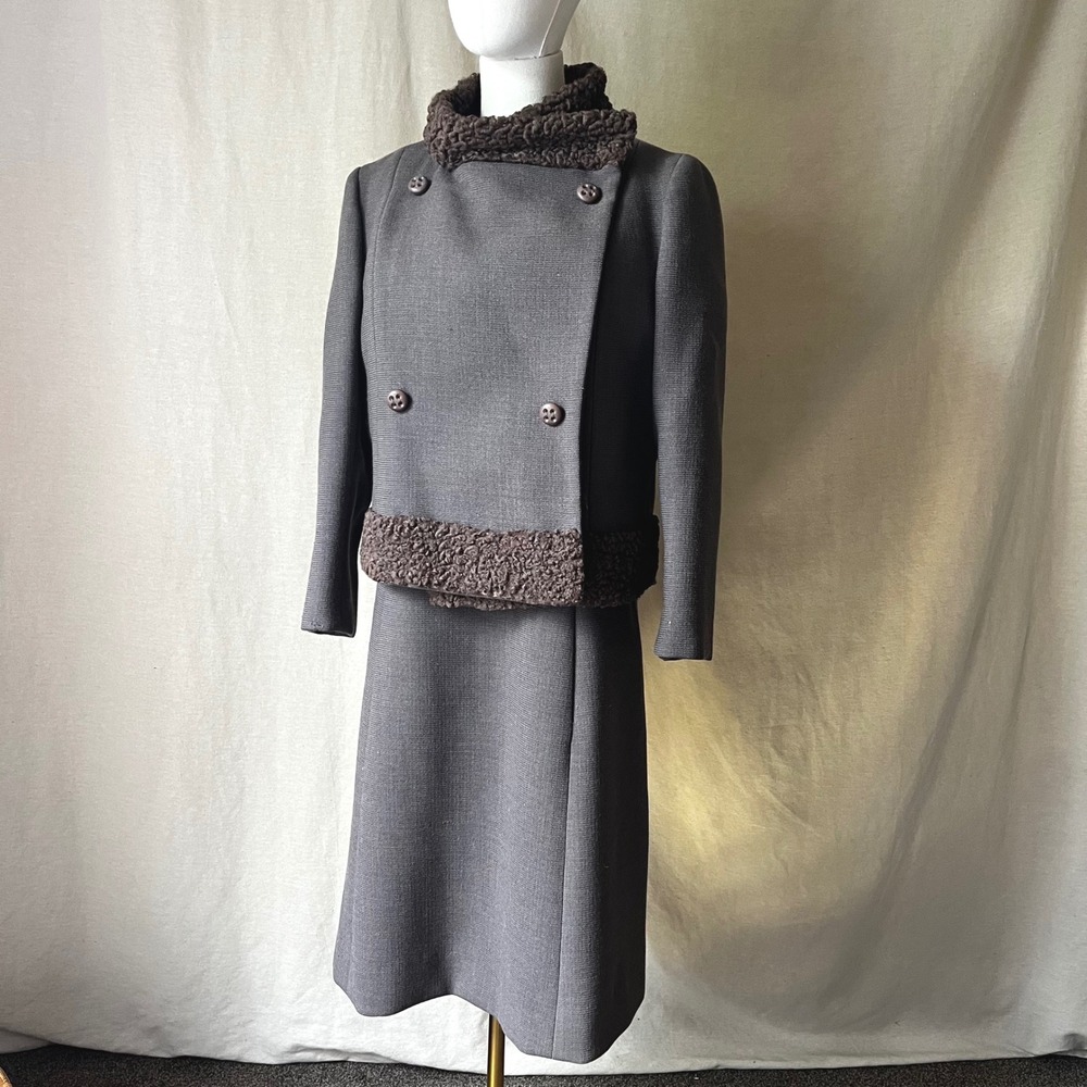 Vintage 1960s Zelinka Matlick Wool Dress & Jacket Real Fur Trim 2 Piece
